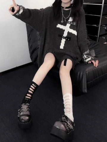 Y2k Gothic Goth Harajuku Punk Pullover Damen Pullover Dark Grunge Gestrickt