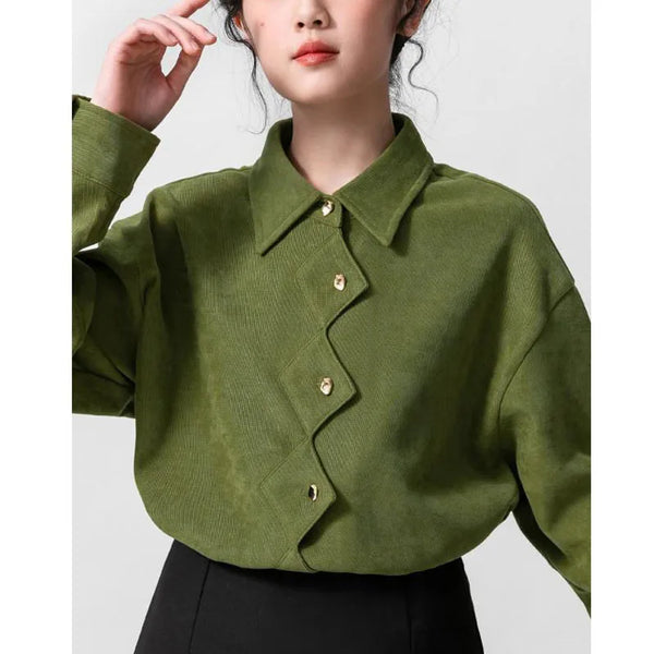 Green Irregular Shirt Women Vintage Collar Long Sleeve Button Top