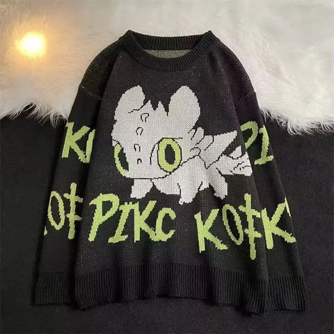 Wattierte Pullover mit Cartoon-Muster: Winterliche Harajuku-Strickwaren für den High-Street-Style