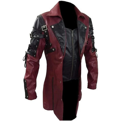 Steampunk Gothic Trench Leather Biker Jacket Men Punk Winter Coat