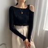 Womens Off Shoulder Knit Tee Y2K Slim Fit Sexy Solid Color Top