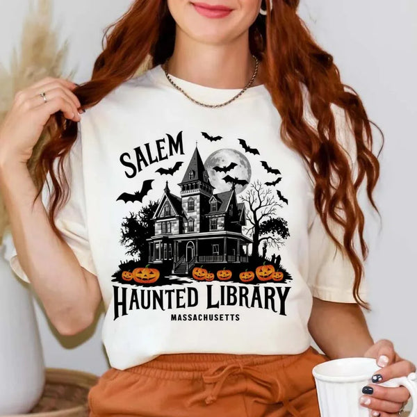 Gothic Haunted Library Tee Vintage Salem Print Halloween Shirt