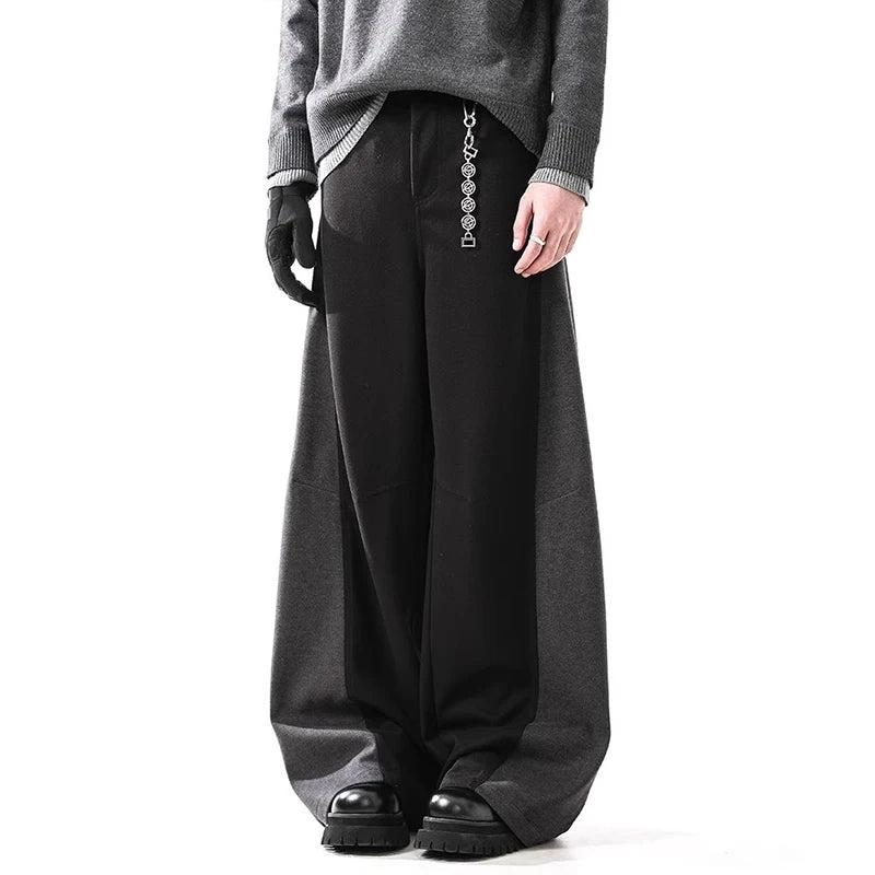 Mens Wool Pants Contrast Patchwork Wide Leg Straight Fit Trousers