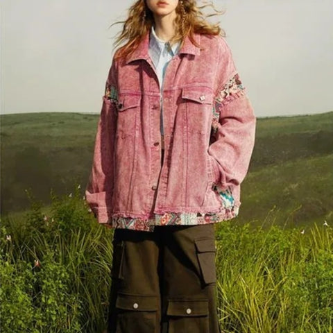 Vintage Pink Denim Jacket: Embroidered Spliced Coat for Women