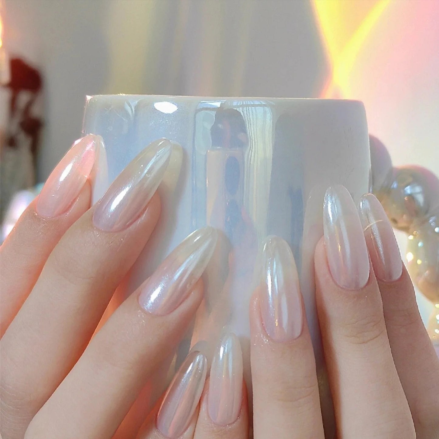 Pearl White Chrome Nails