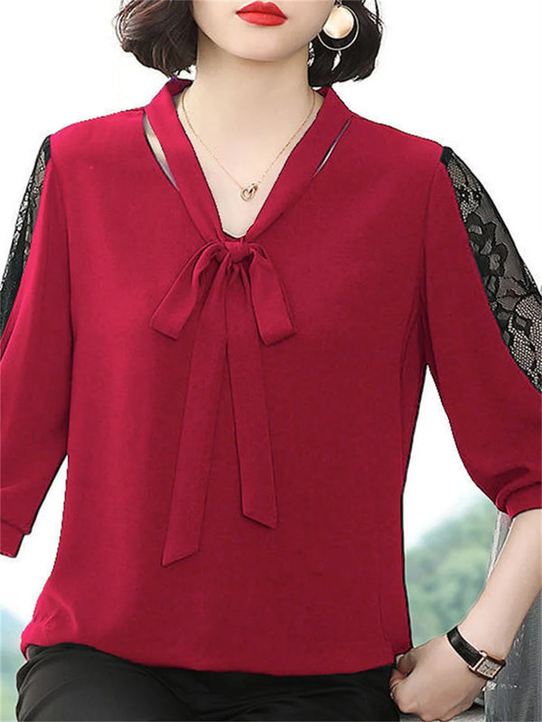 Bow Tie Collar Blouse Women Lace Sleeve Loose Spring Top