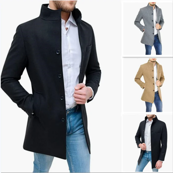 Men’s Wool Blend Trench Coat – Single Breasted Mid-Length Long Jacket (Elegant Winter Style)