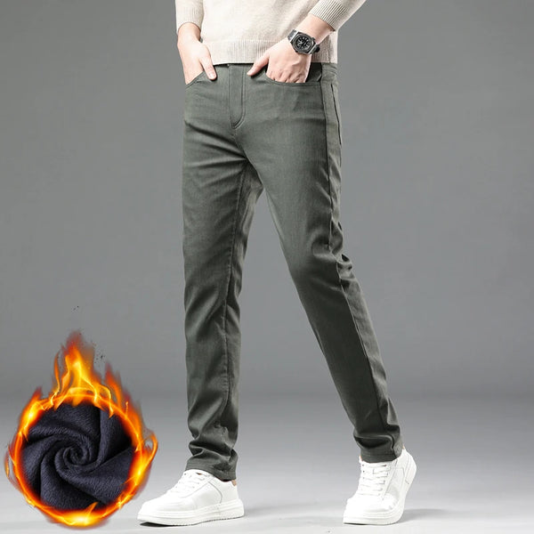 Mens Thick Fleece Lined Pants Slim Fit Winter Warm Business Casual
