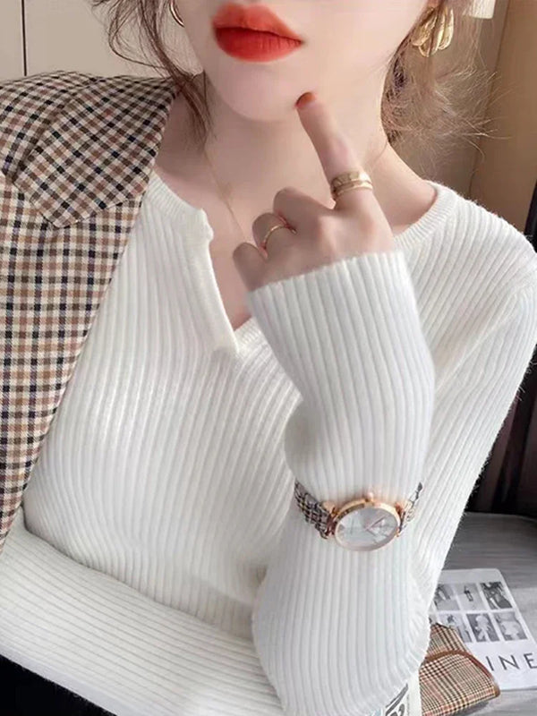 V Neck Sweater Women Knit Pullover Fall Winter Solid Color Top