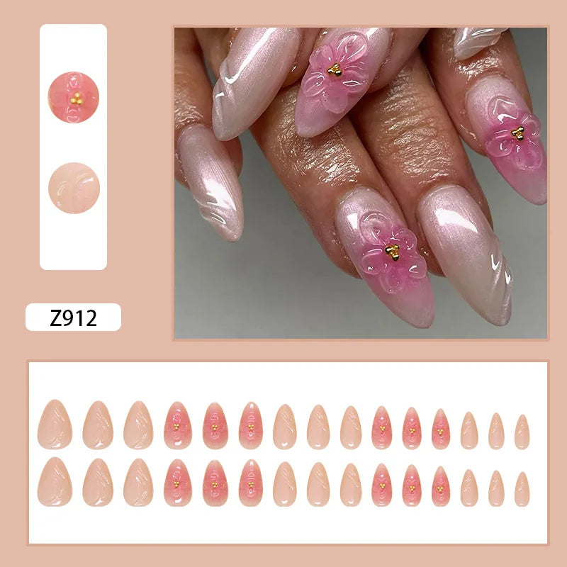 24pcs White Flower Fake Nail Tips Ins Yellow Pink Blush False Nails