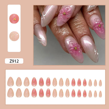 24pcs White Flower Fake Nail Tips Ins Yellow Pink Blush False Nails