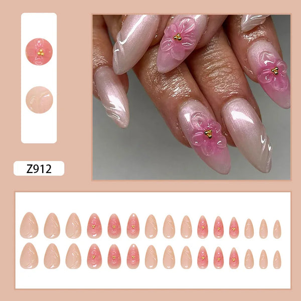 24pcs White Flower Fake Nail Tips Ins Yellow Pink Blush False Nails