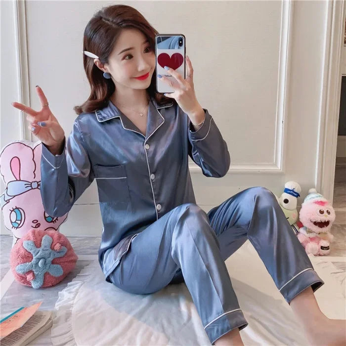 Plus Size Silk Pajamas Women Autumn Winter Soft Button-Up Sleepwear Set