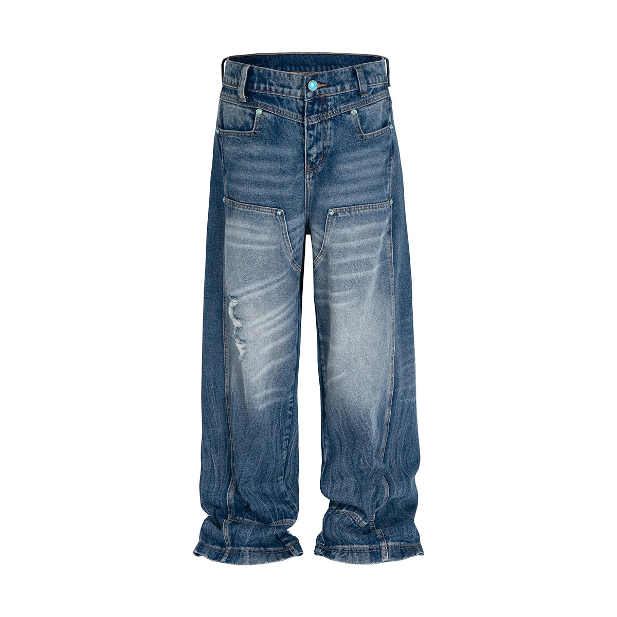 Distressed Turquoise Jeans Men Streetwear Ripped Cargo