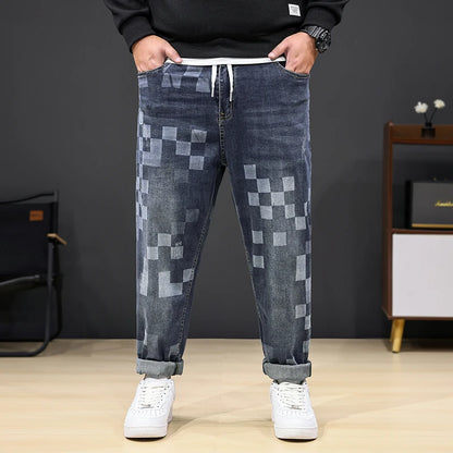 8XL Mosaic Print Oversized Jeans Men’s Loose Denim