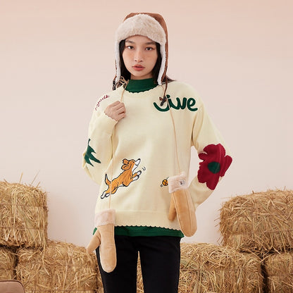 Sweaters Long Sleeves Petal Collar Loose Knitted Pullover Puppy Embroidery Warm Casual Chic Tops - xinnzy