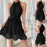 Ruffle Design Dress Halter Neck Dress Casual Sweet Style Dress Grace Sleeveless