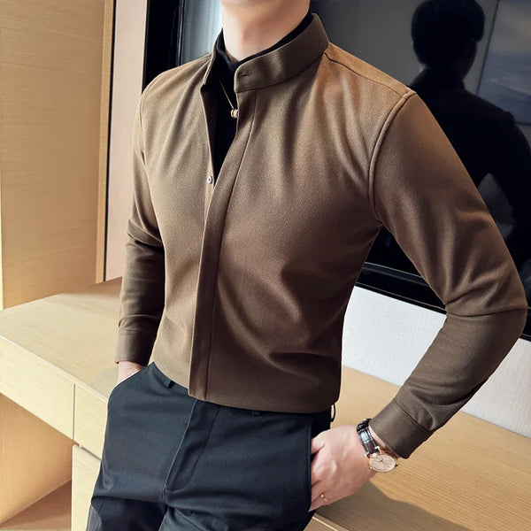 Mens Layered Look Sweater Shirt Mock Neck Brown Slim Fit Top