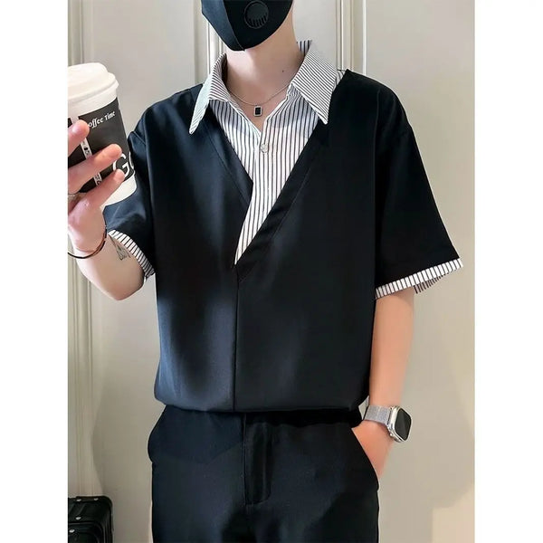 Fashion Patchwork Striped Short Sleeve Shirt Men Trendy