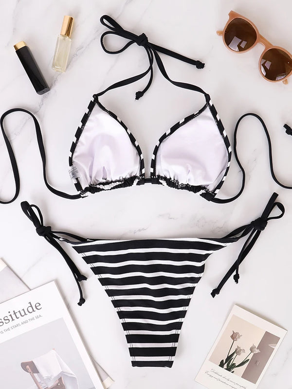 Womens Striped Bikini Set Triangle Top Tie Side Two Piece Swimsuit