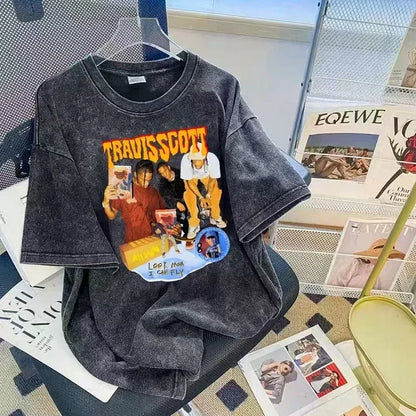 American Retro Wash T-Shirt Men's Summer Loose High Street Fashion