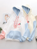 Harajuku Strawberry Print Drawstring Fleece Warm Hoodies Women 2023