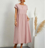 Womens Solid Color Cotton Linen Dress