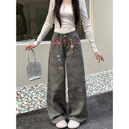 Women's Y2K Wide Leg Applique Denim Jeans
