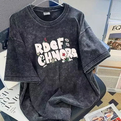 American Retro Wash T-Shirt Men's Summer Loose High Street Fashion