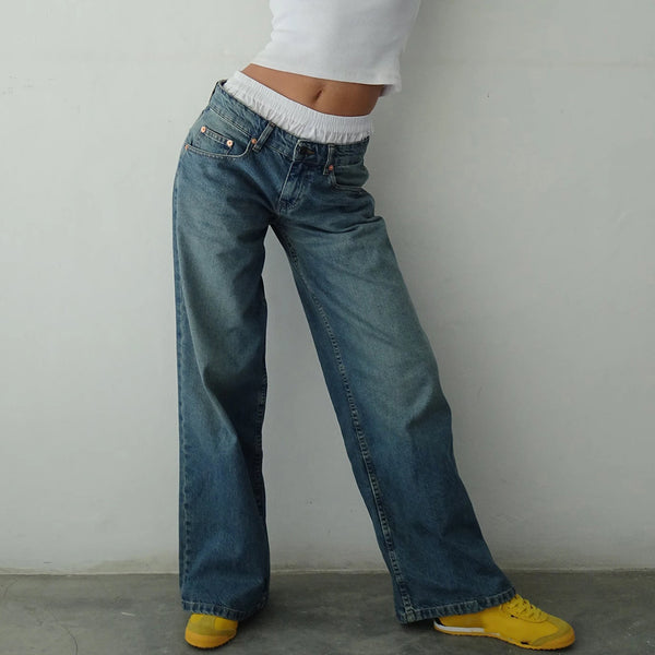 Y2K Baggy Jeans Women Low Rise Straight Leg Streetwear Denim