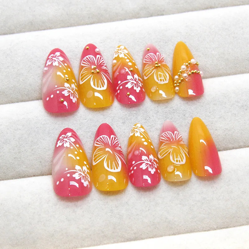 24pcs White Flower Fake Nail Tips Ins Yellow Pink Blush False Nails