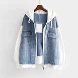 Fake Two-piece Denim Hoodies Coat Women Spring Autumn Trend Hoodie