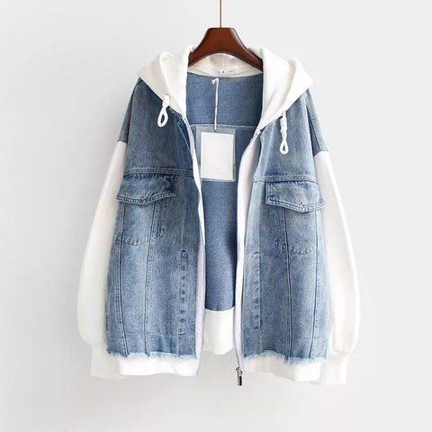 Gefälschte zweiteilige Denim-Hoodies-Mantel-Frauen-Frühlings-Herbst-Trend-Cardigan-Hoodie