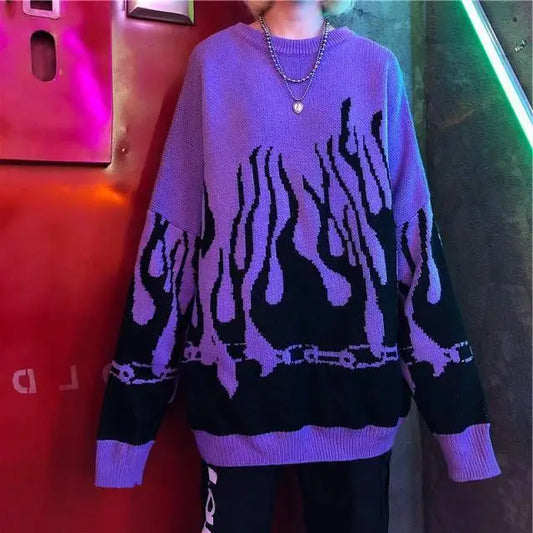 Autumn Winter Dark Girl INS Fire Sweater Hip Hop Flame Loose Knit