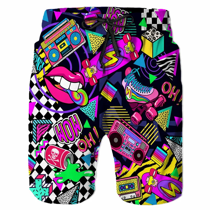 Colorful Graffiti Swim Trunks Men 80s 90s Street Style Pants