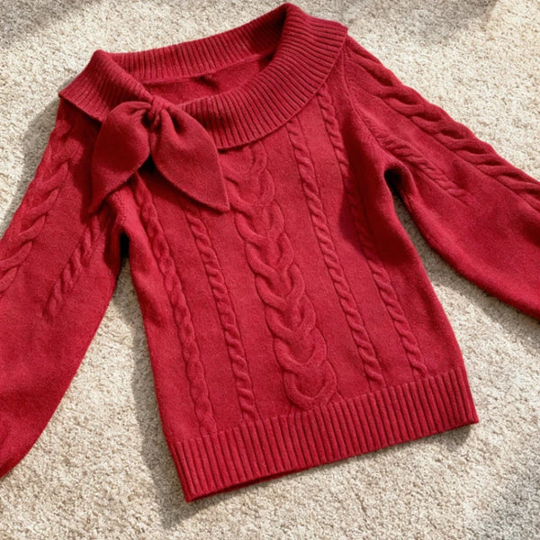 Christmas, Bow, Knitted Sweater, Women, Y2K, Red Pullover