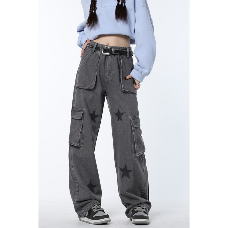 Women Jeans Vintage Straight Baggy Denim Pants Stars