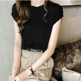 Knitted Loose T-shirts Solid Short Sleeve Bottoming Shirts O-Neck Casual Tees Tops For