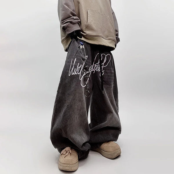 2025 Spring Embroidery Letter Baggy Wide Leg Jeans Men Vintage Denim
