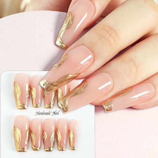 10pcs Gold Metallic 3D Press-On Almond Fake Nails