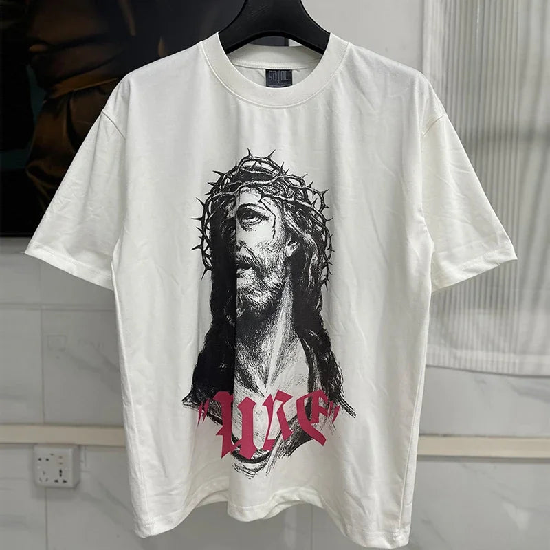 Vintage Washed Target Print T-Shirt Men Oversized Streetwear