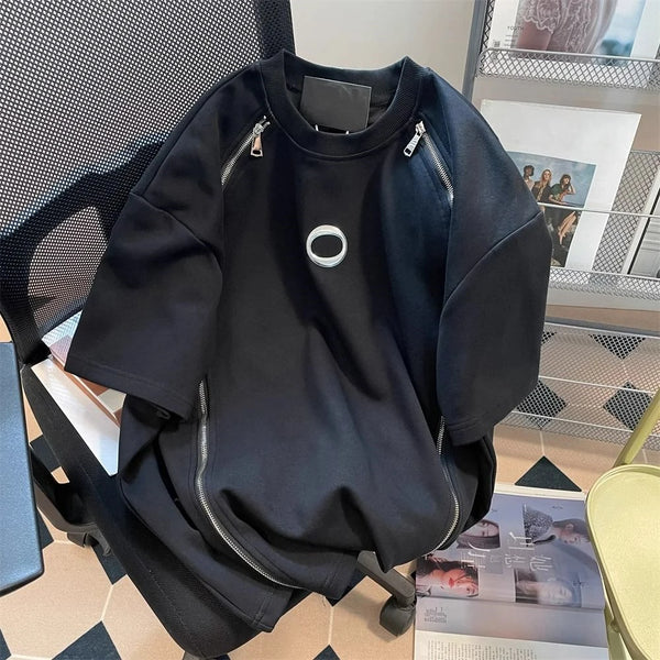 Mens Oversized Streetwear Tee Double Zip Hip Hop Harajuku Shirt