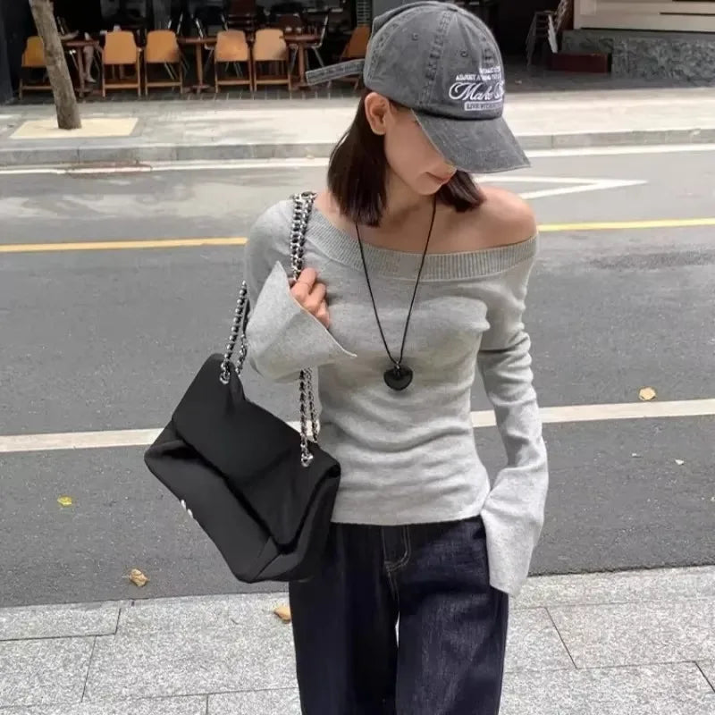 Women’s Off-Shoulder Cropped Knit Sweater Autumn Basic