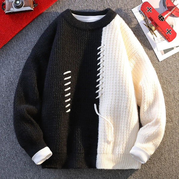 Mens Crew Neck Sweater Drawstring Splice Knit Pullover Fall Winter