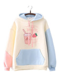 Snuggle Up in Kawaii Comfort: Harajuku Strawberry Print Drawstring Fleece Hoodie