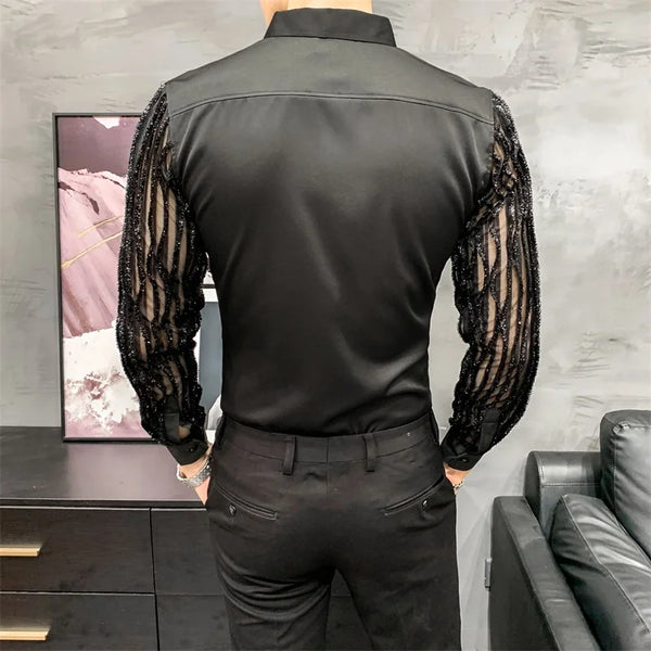 Mens Lace Hollow Shirt Long Sleeve Party Nightclub Stage Wear