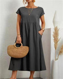 Womens Solid Color Cotton Linen Dress