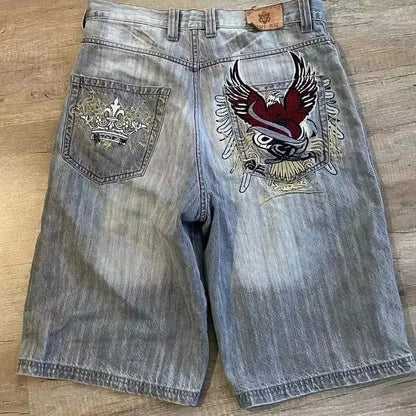 American Hip-Hop Retro Embroidery Denim Shorts Men Y2K Gothic