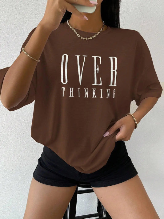 Over Thinking Letter Print Women Cotton Short Sleeve Breathable Vintage O-Neck