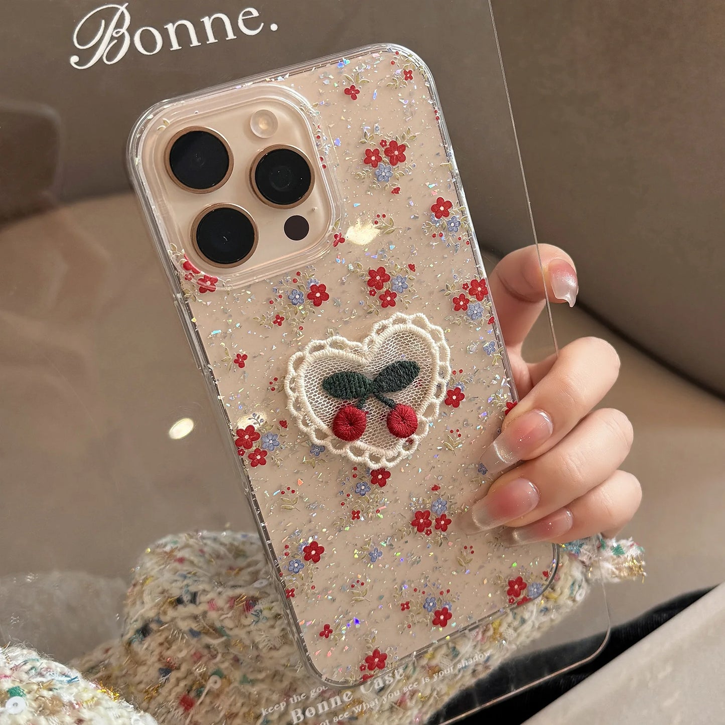 Glitter Cherry Embroidered iPhone Case Transparent